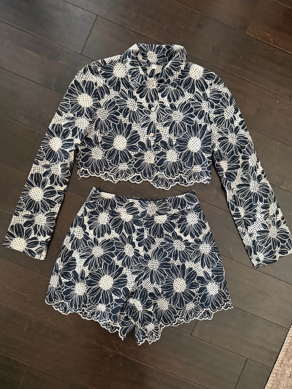 Navy & White Floral Embroidered Two-Piece Set